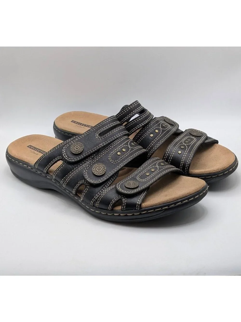 Clarks Sandals Leisa Cacti Q Womens Size 11M Adjustable Black Leather Slip On